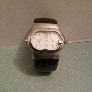 Designer W with Black Leather Band Bangle